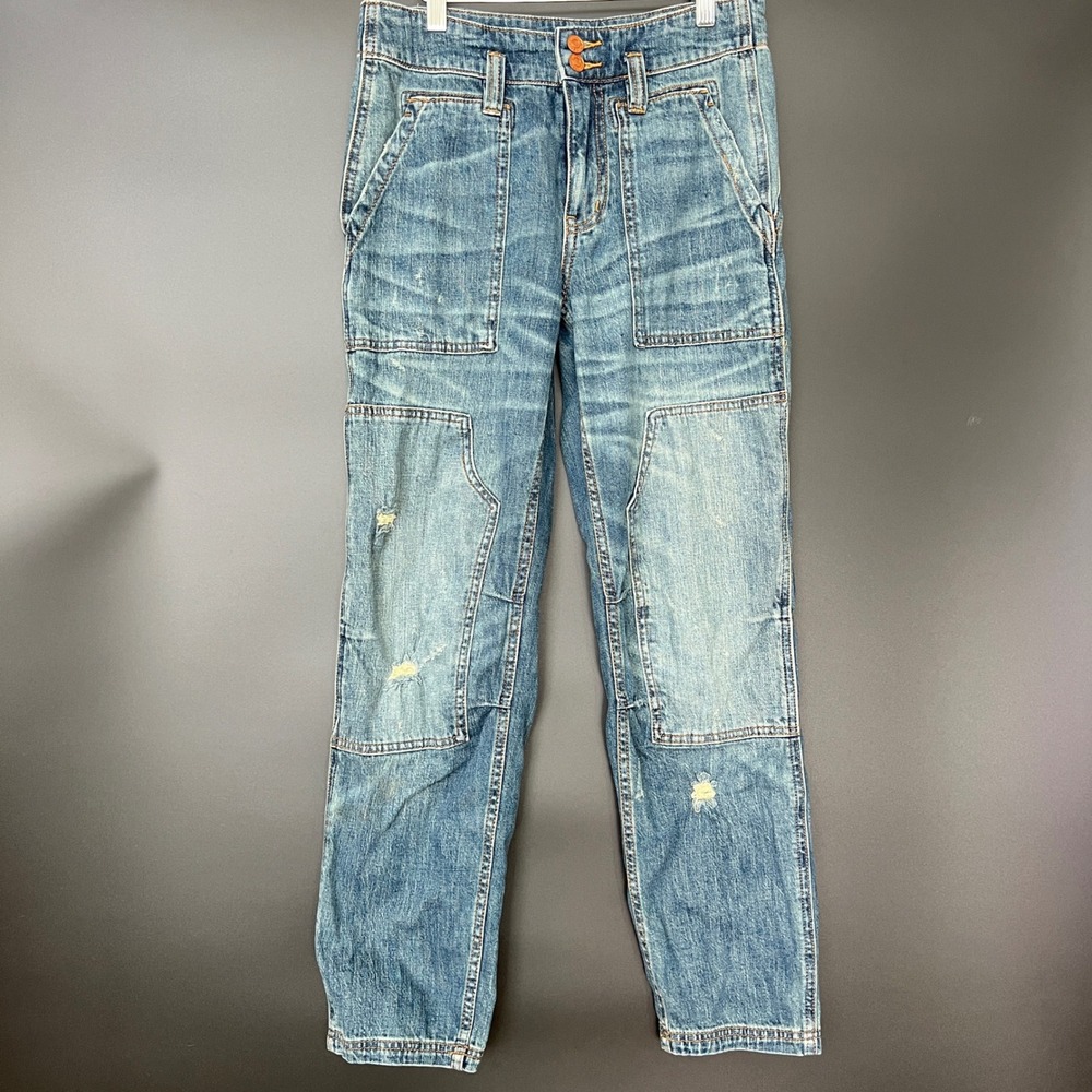 Anthropologie Pilcro The Wanderer Carpenter Jeans Blue Patchwork Utility Size 26 - Picture 2 of 13